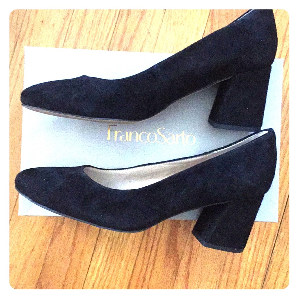 Franco Sarto Black Suede Block Heel Pumps